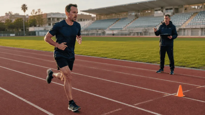 Corredor haciendo el test de Cooper en una pista de atletismo mientras un entrenador le toma el tiempo con un cronómetro
